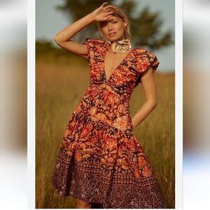 NWT Anthropologie Printed V-Neck Babydoll Dress in Red Motif